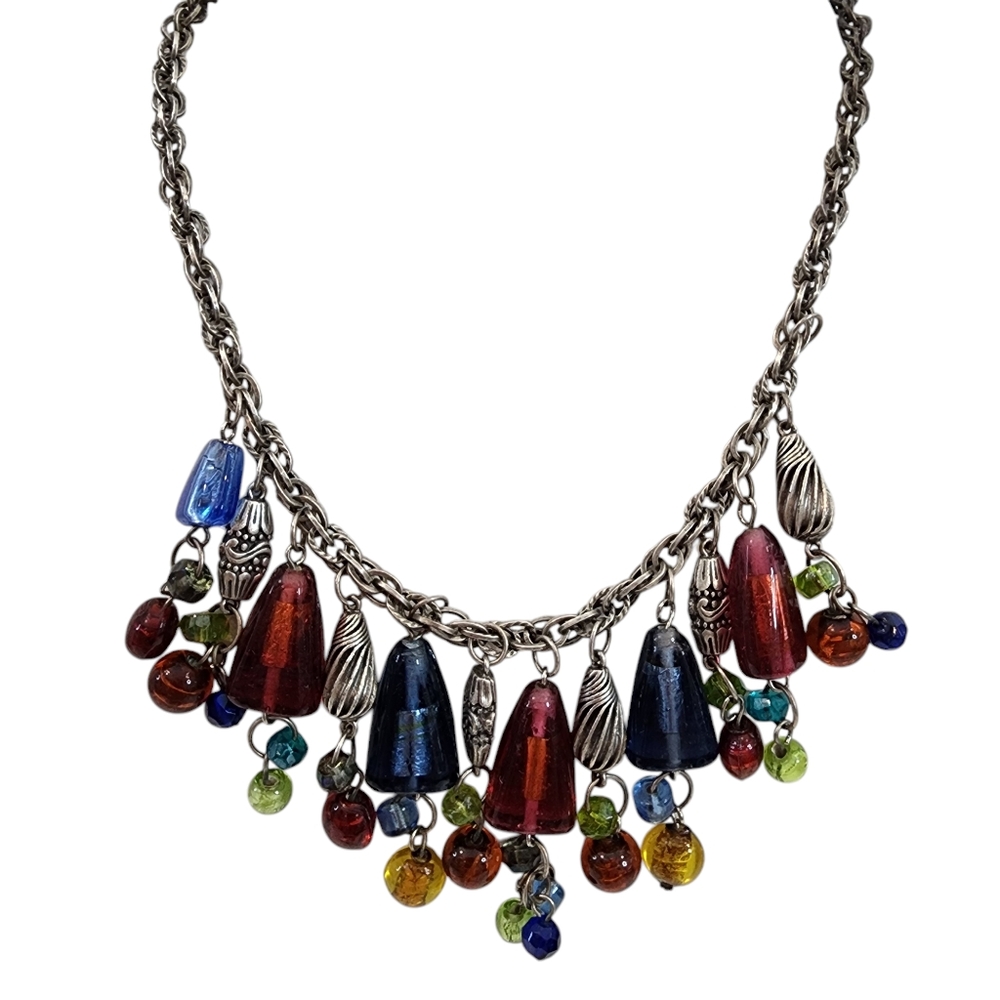 Vintage Chico's boho necklace art glass multi color chunky antique silver tone